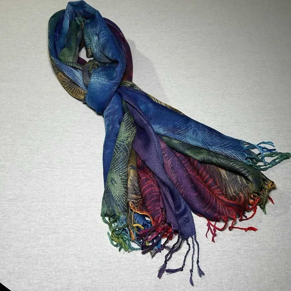 Pashmina Scarf Wrap Shawl Peacock Feather Rainbow Colorful Soft Elegant